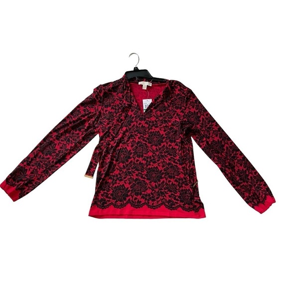Michael Kors Blouse Top Women SZ L Red/Black Floral V-Neck Long Sleeve Pullover - Picture 3 of 5